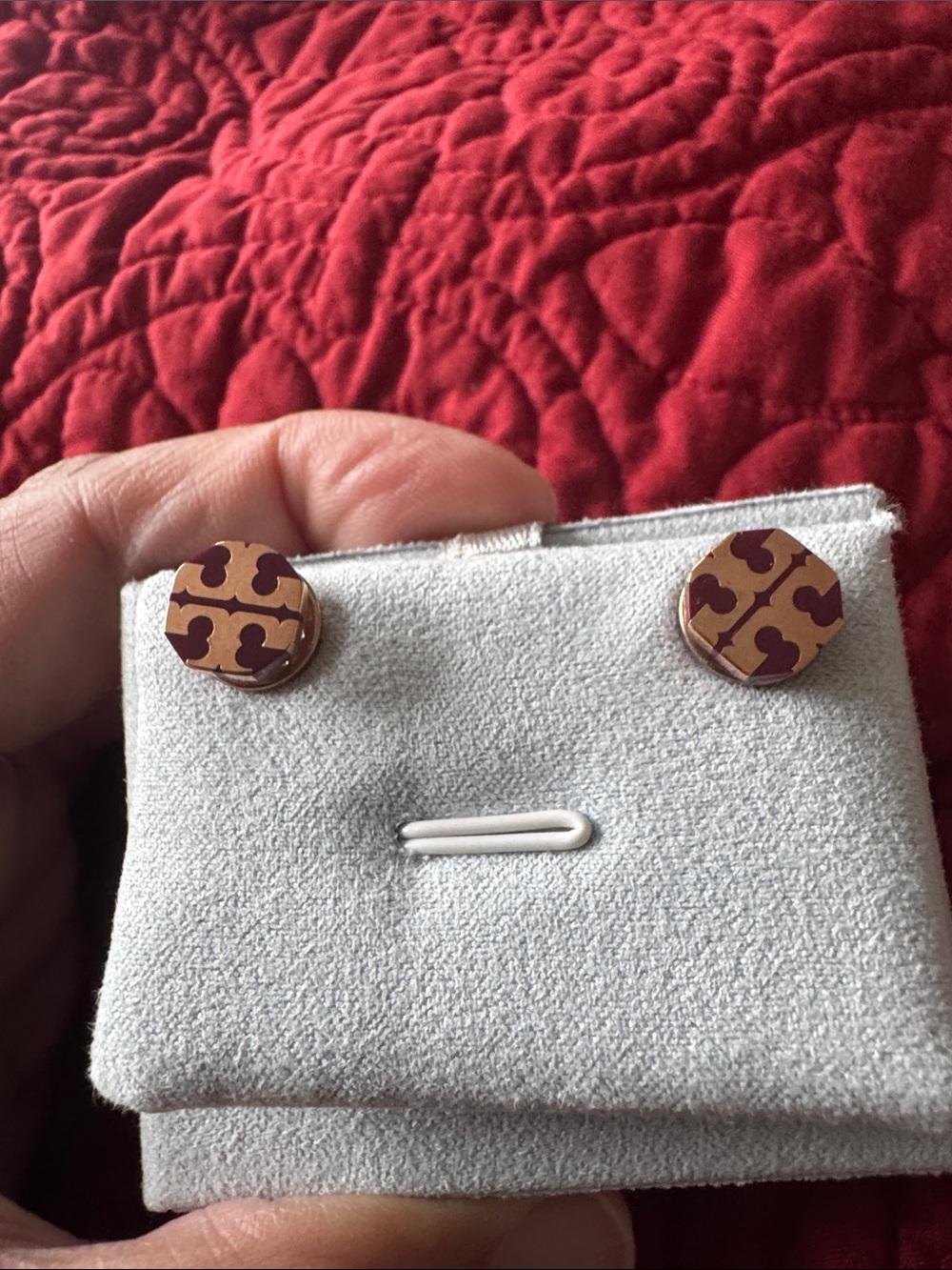 Tory Burch Gold-Tone Stud Earrings with Burgundy Logo Motif
